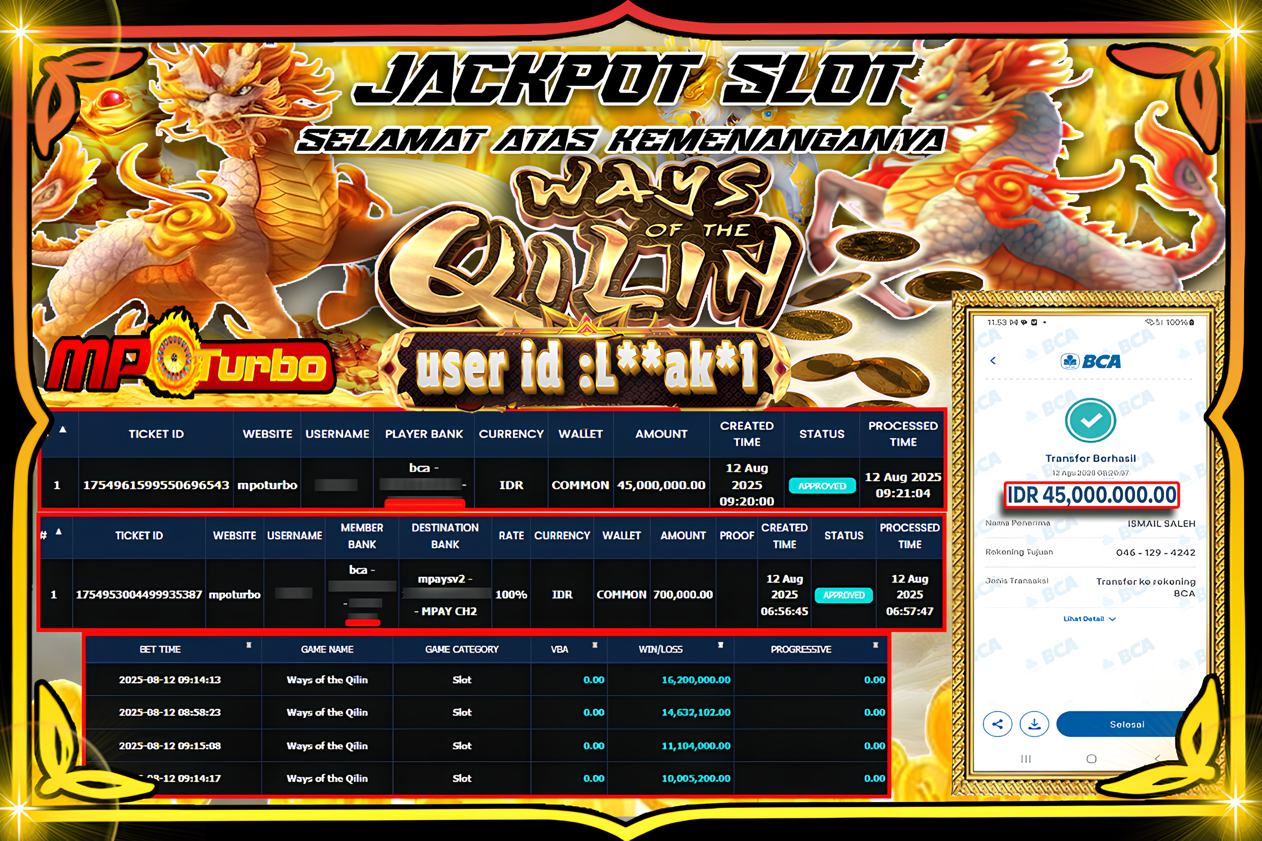 MPOTURBO JACKPOT SLOT WAYS OF THE QILIN Rp 45.000.000.00,- LUNAS